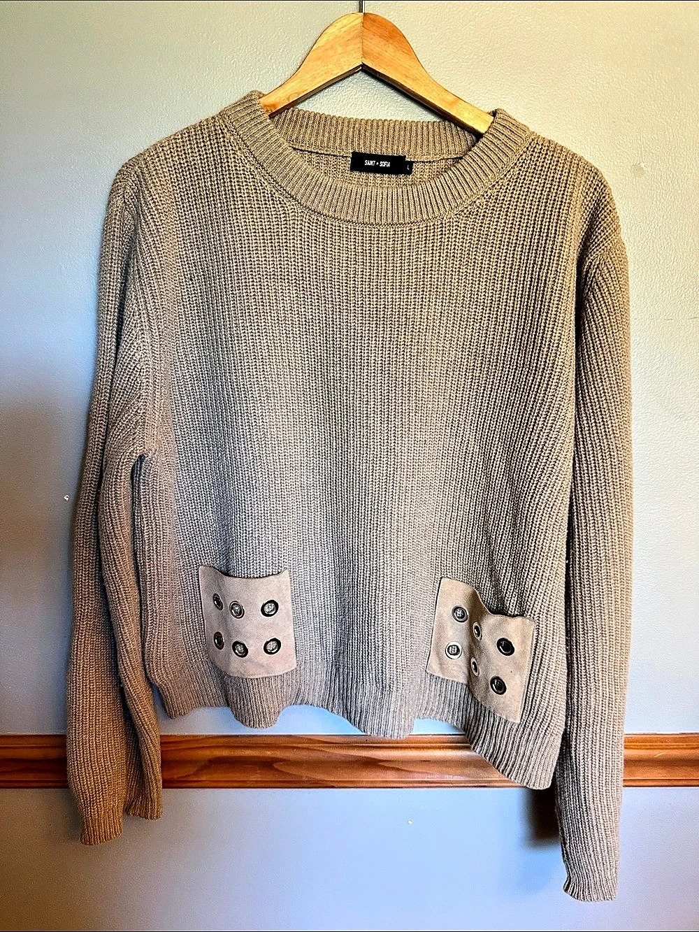 Saint + Sofia London Wool Cashmere Grommet Leather Pocket Sweater Large by